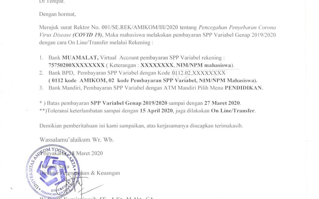 Himbauan Pembayaran Secara Online Untuk SPP Variabel Genap 2019/2020