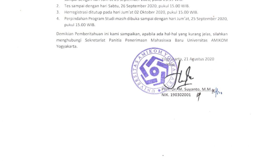 Pemberitahuan Perpanjangan Penerimaan Mahasiswa Baru tahun 2020