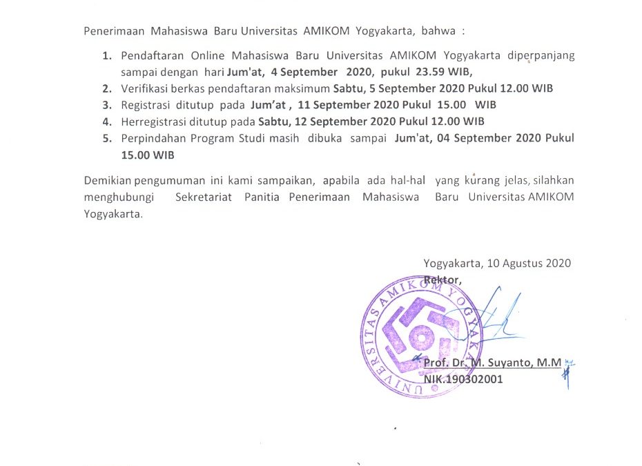 Info Perpanjangan Penerimaan Mahasiswa Baru T.A. 2020-2021