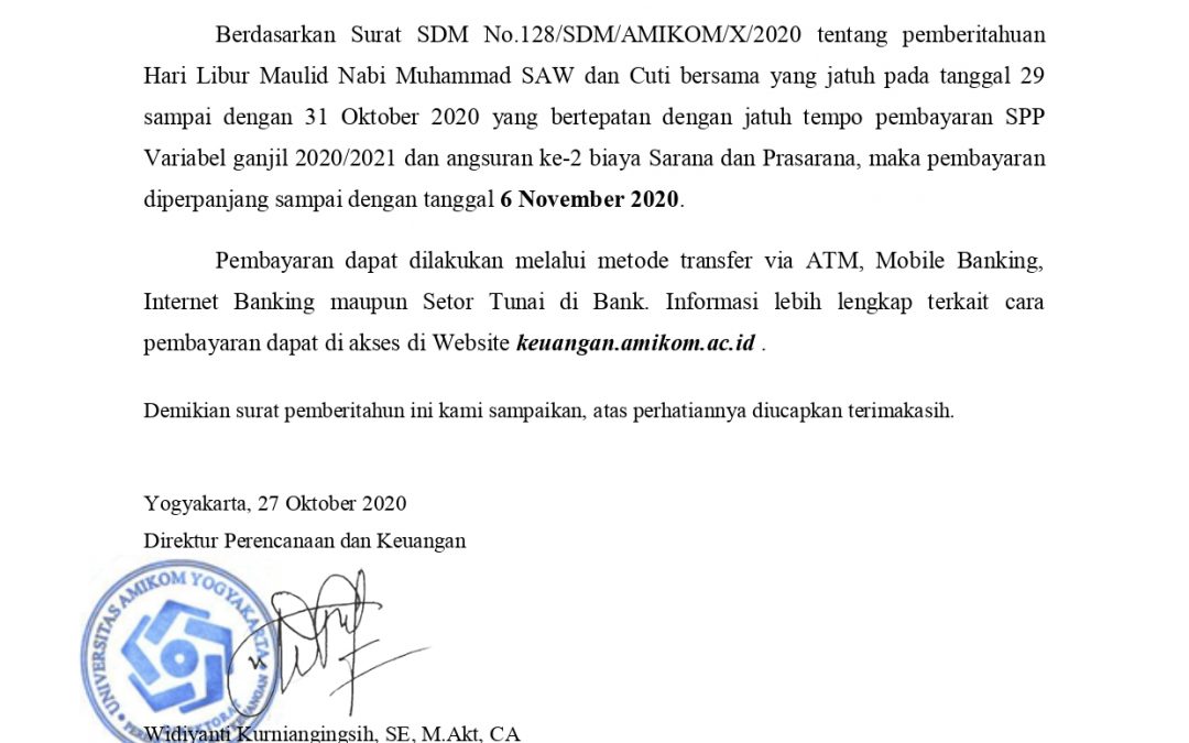 Pemberitahuan Perpanjangan Pembayaran SPP Variabel Ganjil 2020-2021