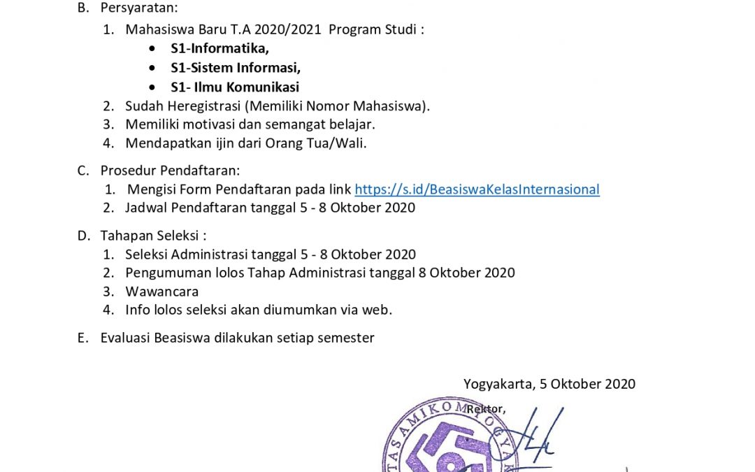 Peluang Beasiswa Kelas International Bagi Mahasiswa Reguler TA.2020/2021 Universitas AMIKOM Yogyakarta