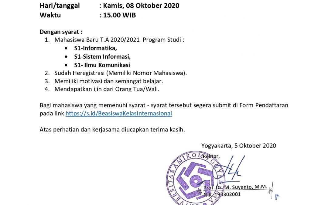 Batas Submit Pendaftaran Beasiswa Kelas International Bagi Mahasiswa Reguler*) T.A 2020/2021 Universitas AMIKOM Yogyakarta