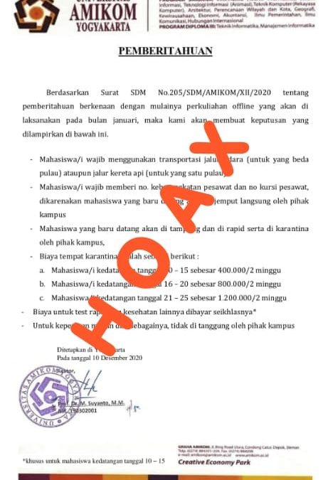 PEMBERITAHUAN INFORMASI HOAX TERKAIT PERKULIAHAN OFFLINE DI AMIKOM