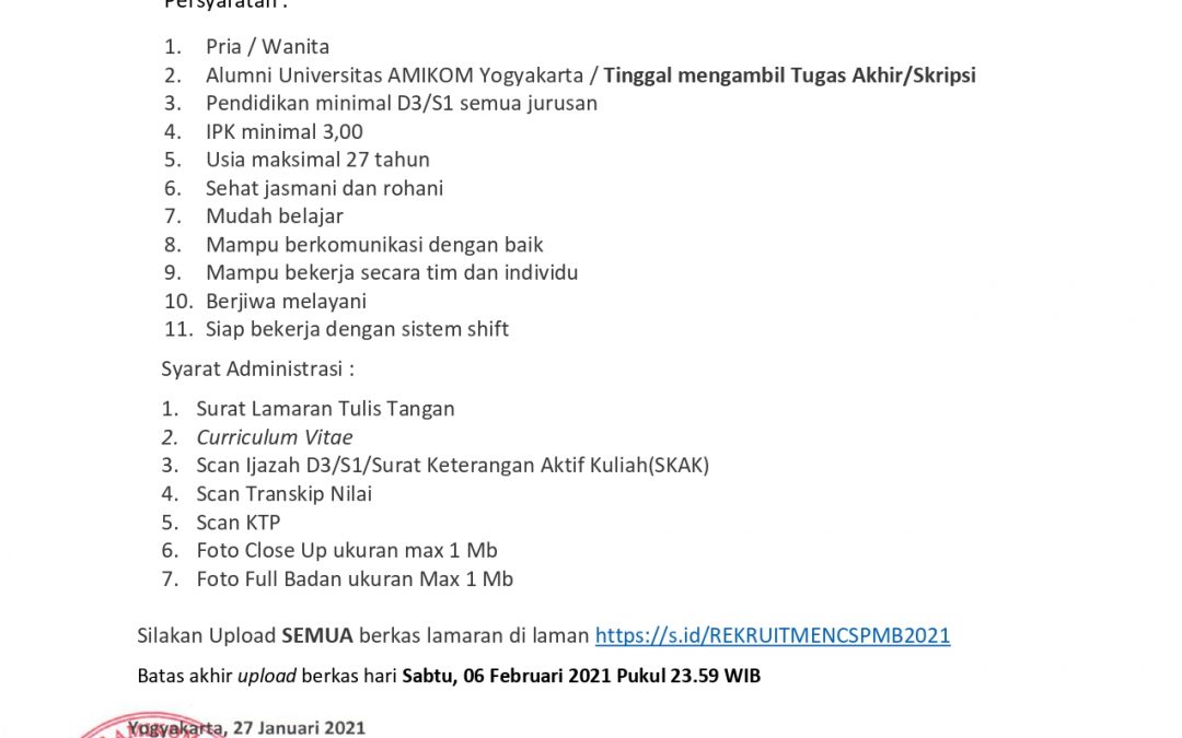 LOWONGAN KERJA CUSTOMER SERVICE UNIVERSITAS AMIKOM YOGYAKARTA