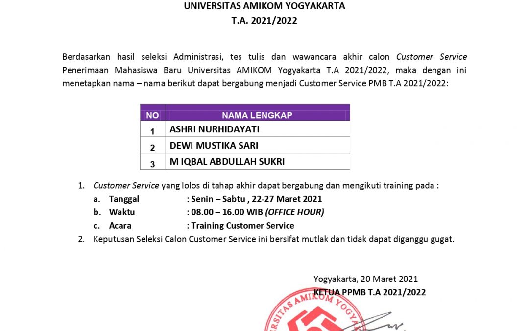 PENGUMUMAN SELEKSI AKHIR CS PMB 2021