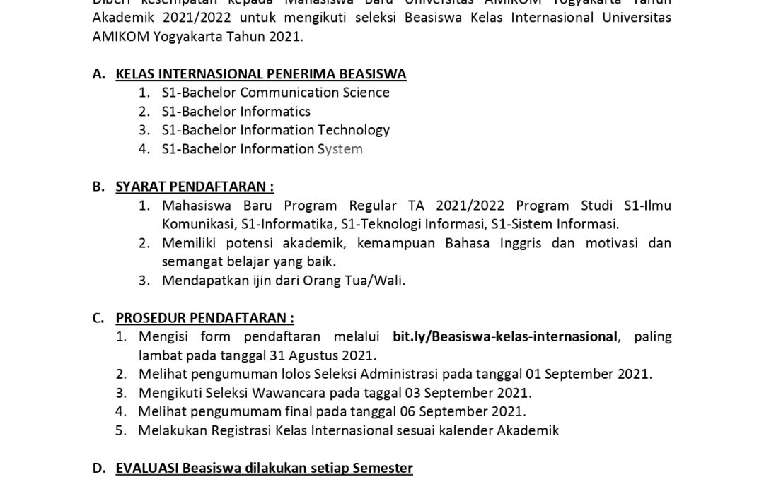 INFO BEASISWA KELAS INTERNASIONAL 2021 AMIKOM