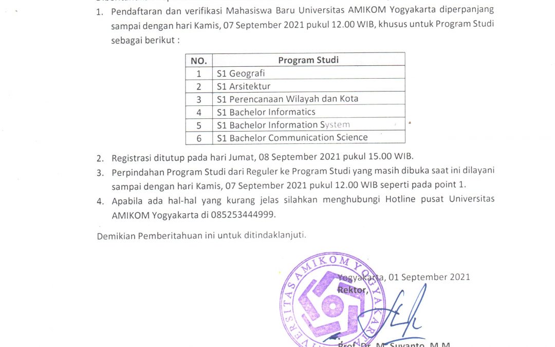 Perpanjangan Penerimaan Mahasiswa Baru Tahun Ajaran 2021-2022