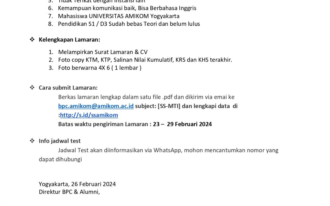 Recruitment Student Staff Magister Teknik Informatika (MTI) Universitas Amikom Yogyakarta 2024
