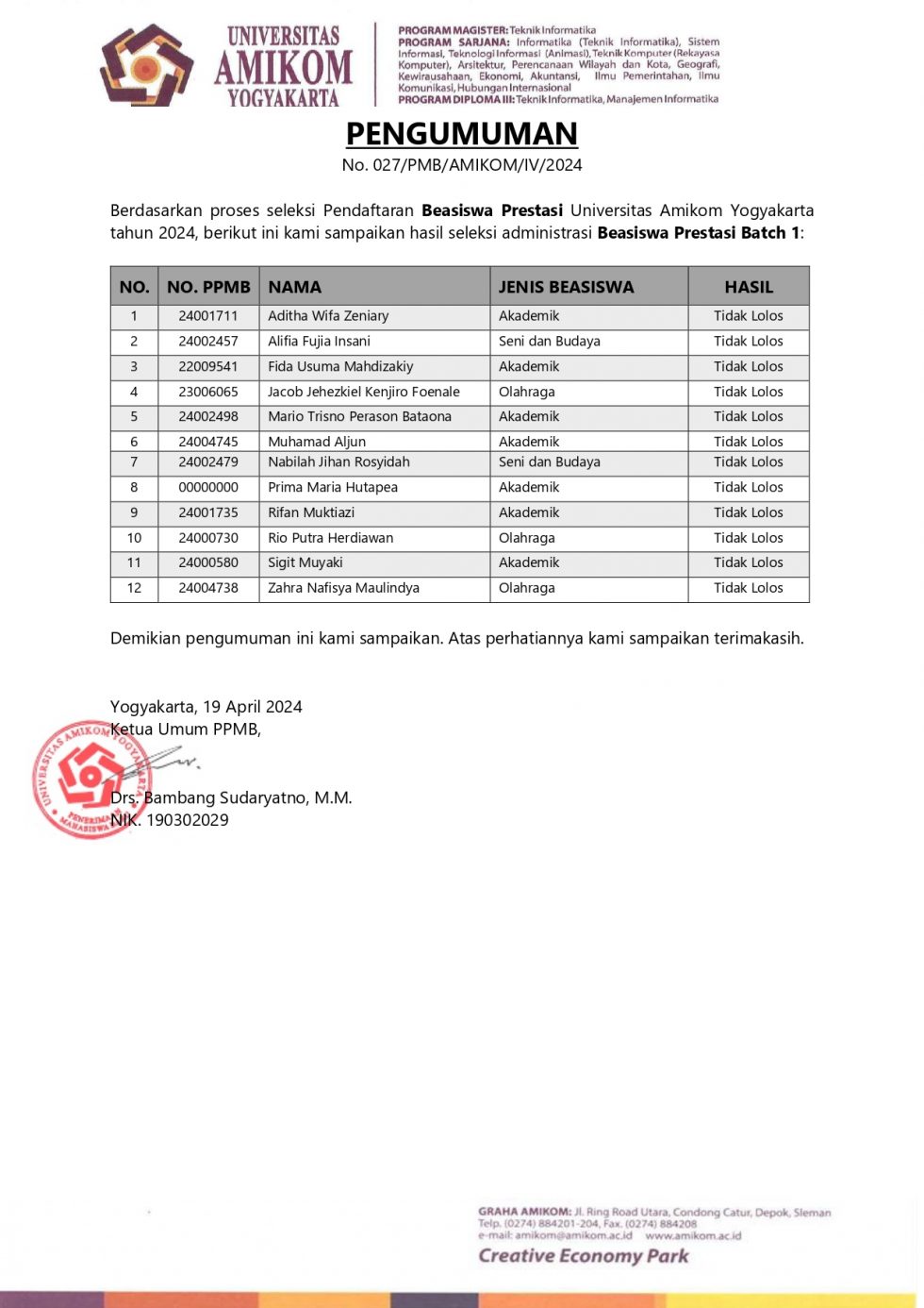 Pengumuman Hasil Seleksi Administrasi Beasiswa Prestasi Batch 1 TA ...