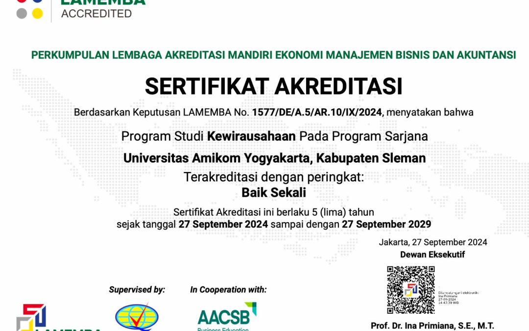 Program Studi S-1 Kewirausahaan Universitas AMIKOM Yogyakarta Raih Akreditasi “Baik Sekali” dari LAMEMBA